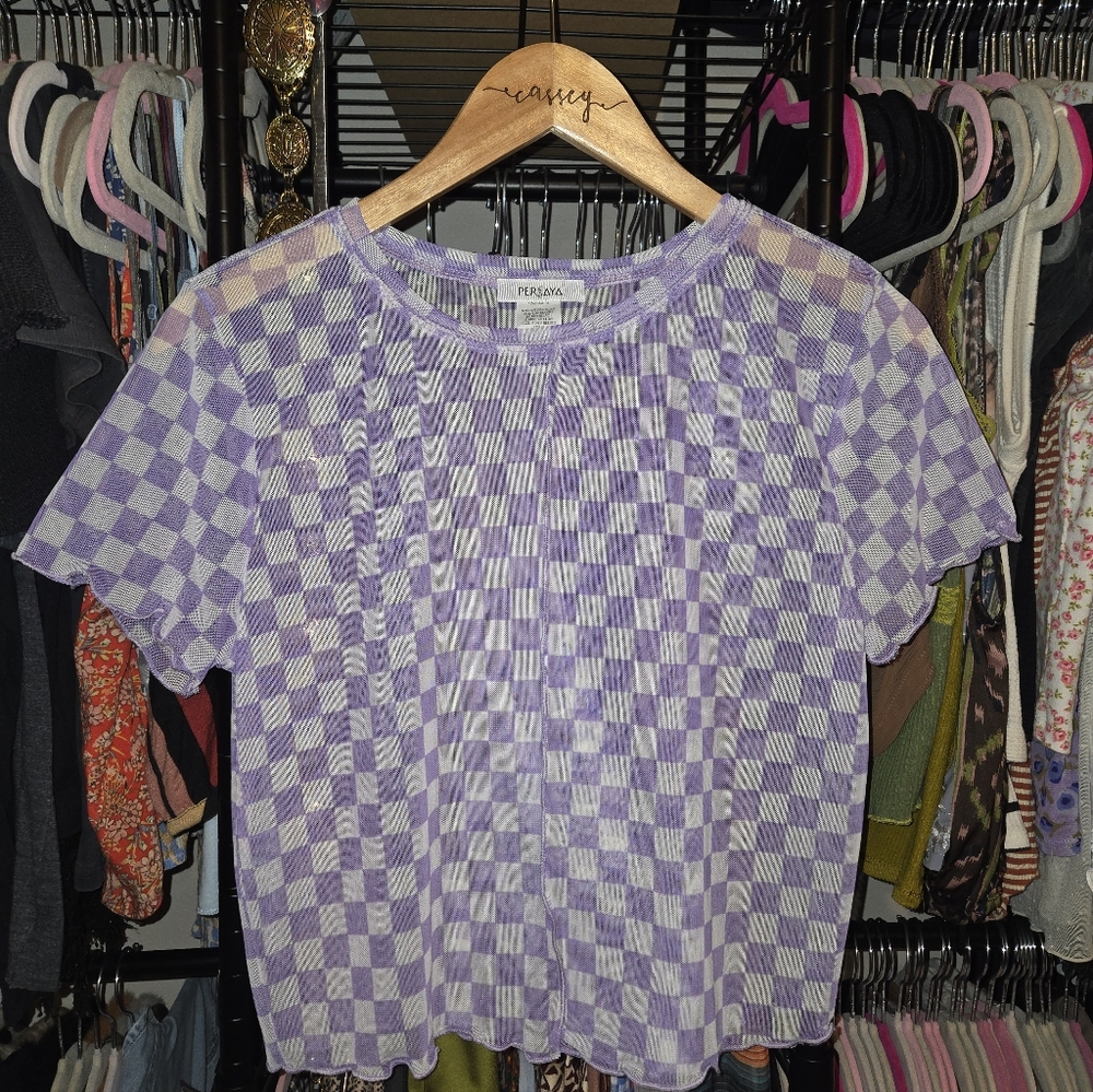 Lavender Checkered Short Sleeve Mesh Top